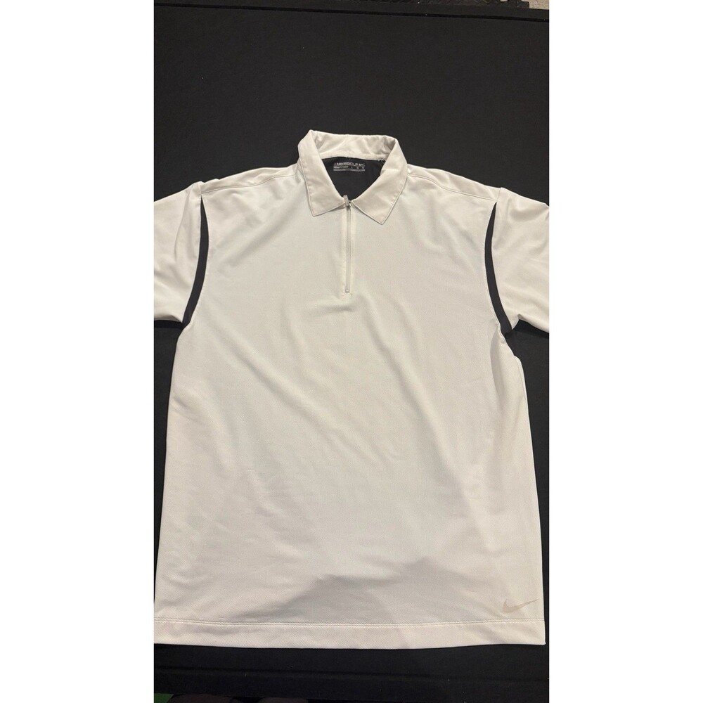VTG MENS NIKE GOLF FIT DRY WHITE BLACK POLO SHIRT SZ LARGE ZIPPER TIGER WOODS